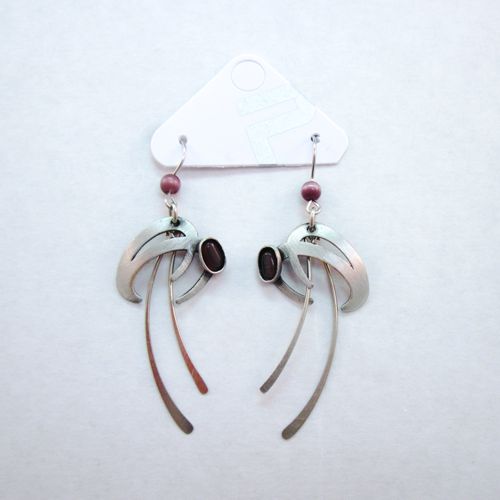 Brushed Silver Dangles with Plum Cat's Eye Earrings